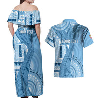 Fiji Rugby Personalised Bula Masi Couples Matching Off Shoulder Maxi Dress and Hawaiian Shirt Fish Tail Kaivity Cibi - Turquoise