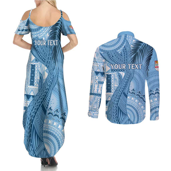 Fiji Rugby Couples Matching Summer Maxi Dress and Long Sleeve Button Shirts World Cup 2023 Go Champions Fijian Tapa Blue Version LT14 main image 1