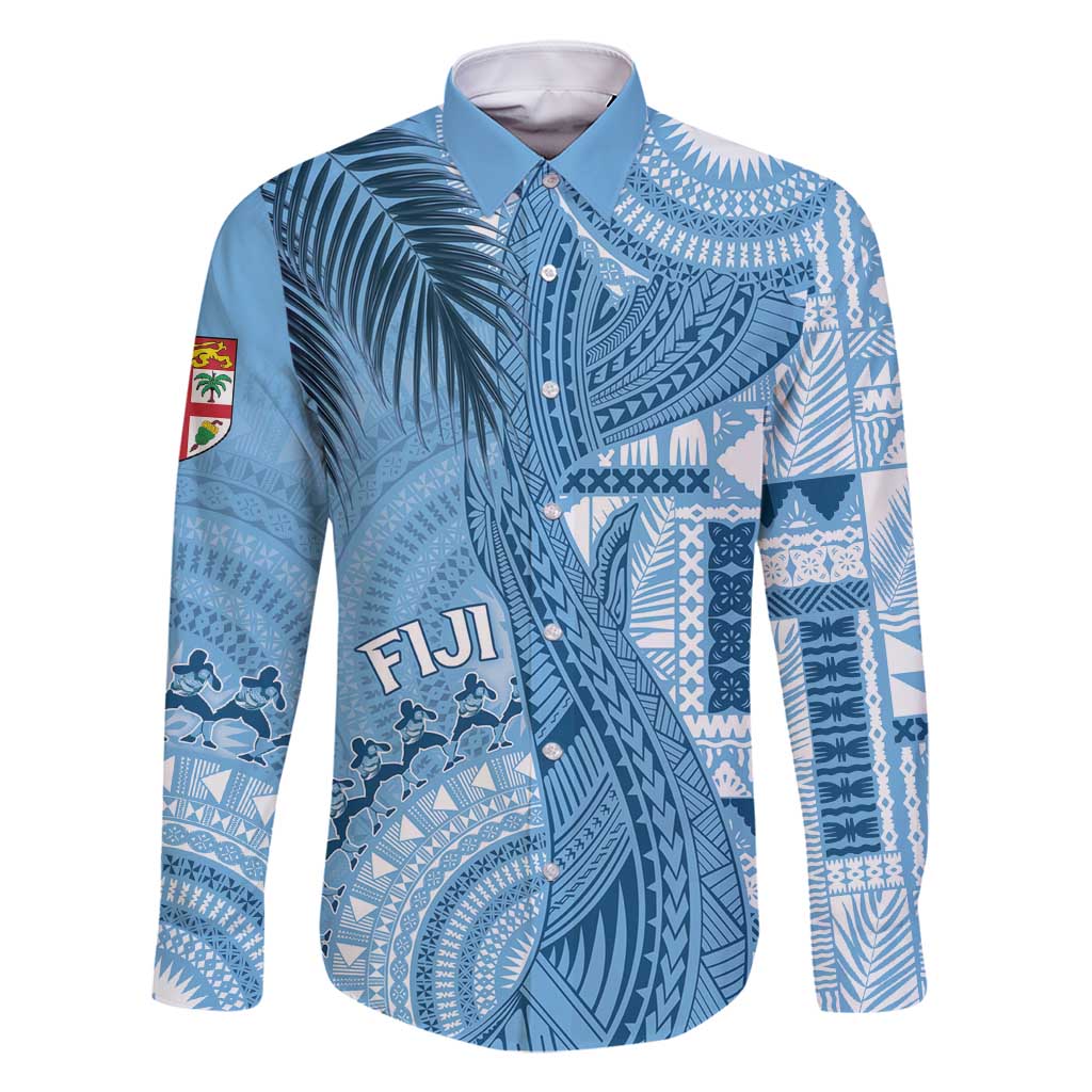 Fiji Rugby Personalised Bula Masi Family Matching Tank Maxi Dress and Hawaiian Shirt Fish Tail Kaivity Cibi - Turquoise LT7 Dad's Shirt - Long Sleeve Turquoise - Polynesian Pride