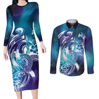 Aloha Hawaii Turtle Couples Matching Long Sleeve Bodycon Dress and Long Sleeve Button Shirt Teal Purple Ribbon - Polynesian Pride