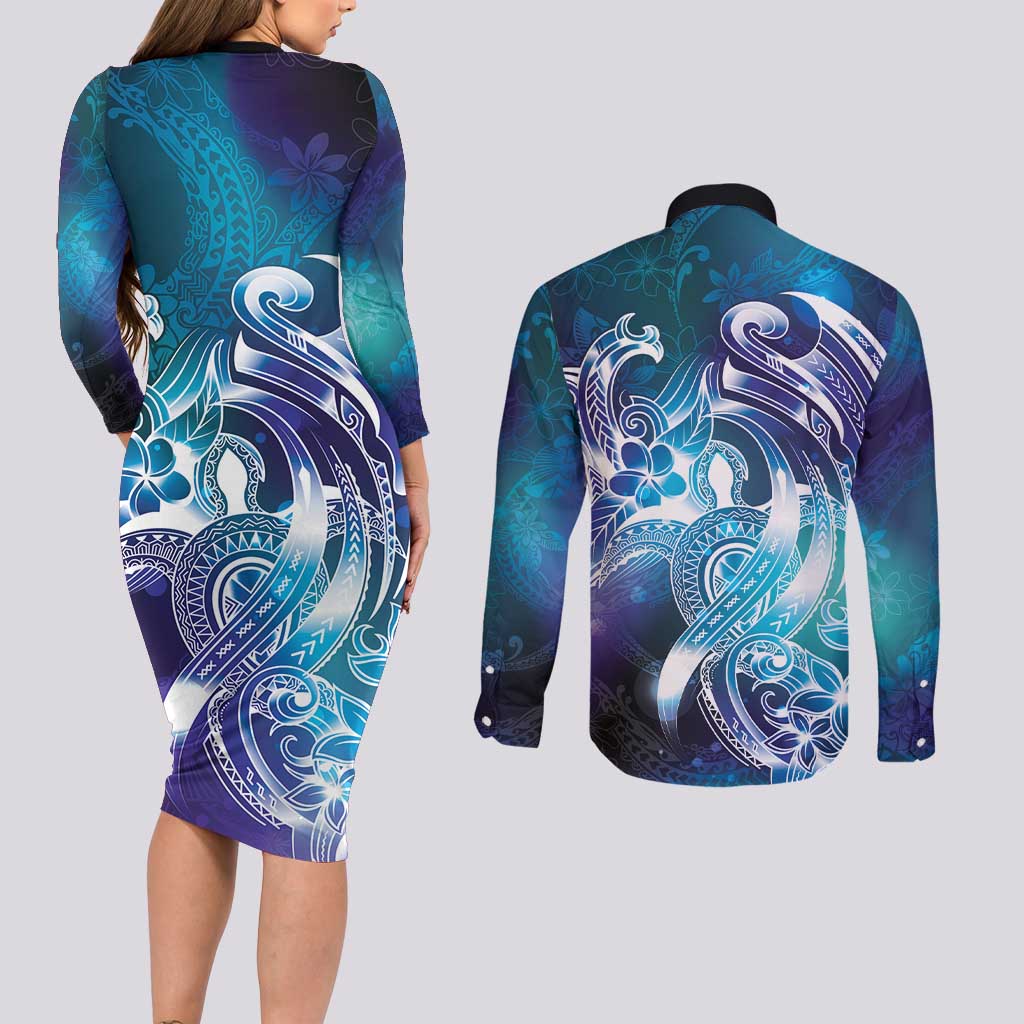 Aloha Hawaii Turtle Couples Matching Long Sleeve Bodycon Dress and Long Sleeve Button Shirt Teal Purple Ribbon - Polynesian Pride