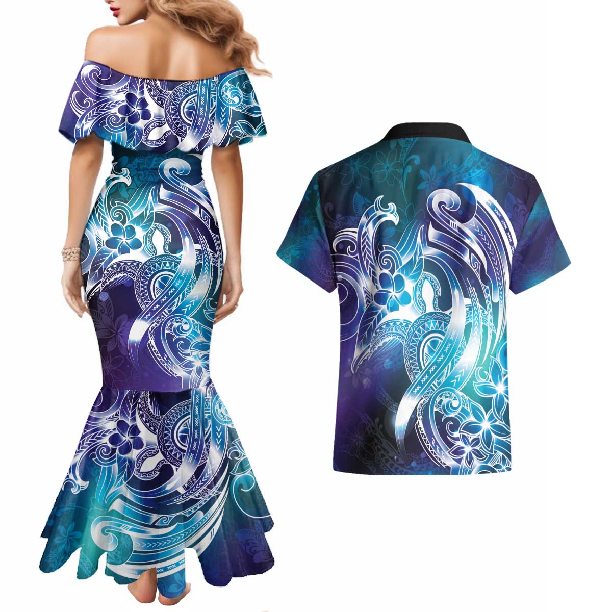 Aloha Hawaii Turtle Couples Matching Mermaid Dress and Hawaiian Shirt Teal Purple Ribbon - Polynesian Pride
