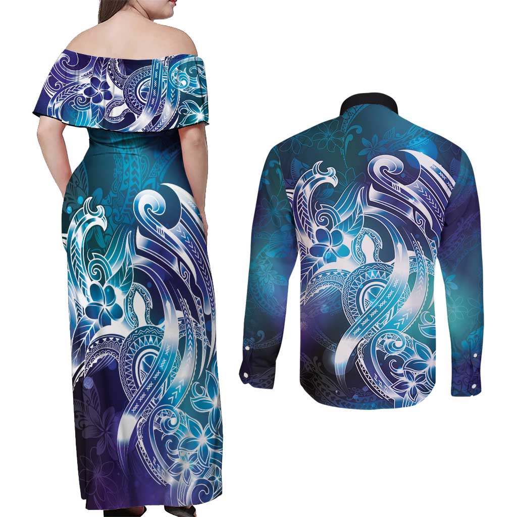 Aloha Hawaii Turtle Couples Matching Off Shoulder Maxi Dress and Long Sleeve Button Shirt Teal Purple Ribbon - Polynesian Pride