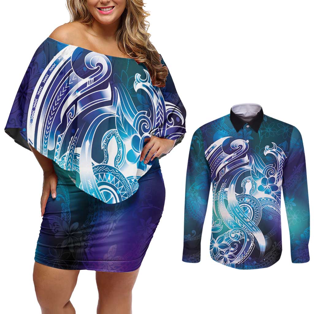 Aloha Hawaii Turtle Couples Matching Off Shoulder Short Dress and Long Sleeve Button Shirt Teal Purple Ribbon - Polynesian Pride