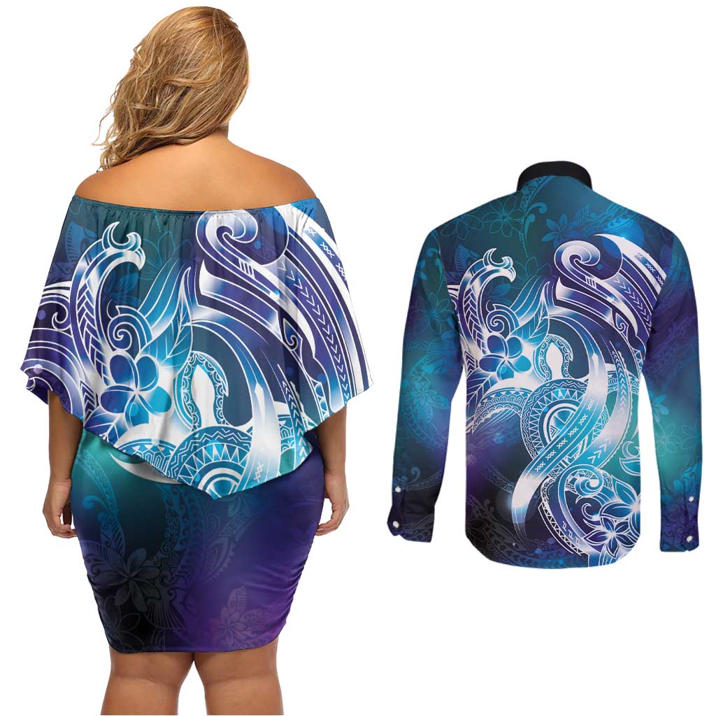 Aloha Hawaii Turtle Couples Matching Off Shoulder Short Dress and Long Sleeve Button Shirt Teal Purple Ribbon - Polynesian Pride