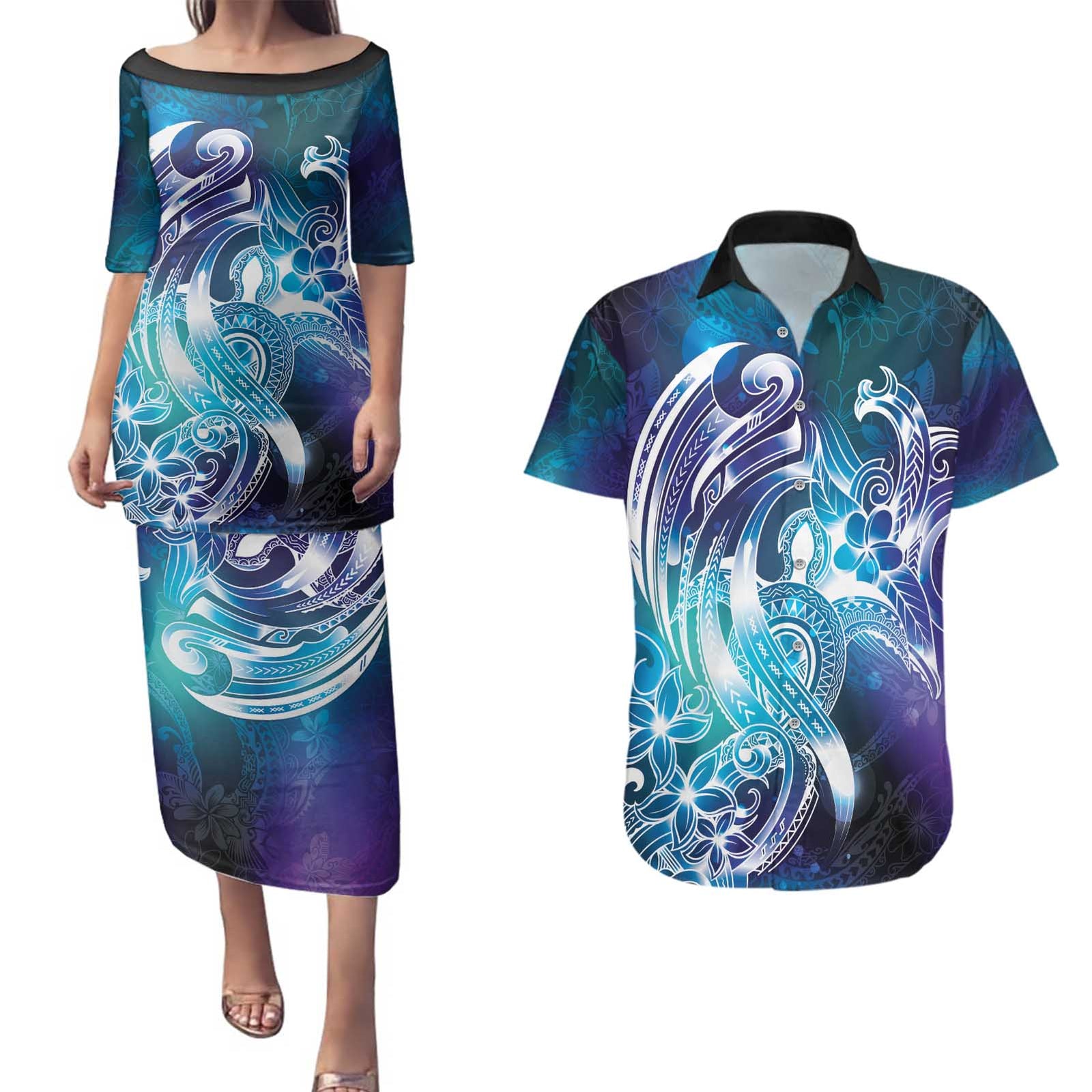 Aloha Hawaii Turtle Couples Matching Puletasi and Hawaiian Shirt Teal Purple Ribbon LT7 Purple Teal - Polynesian Pride