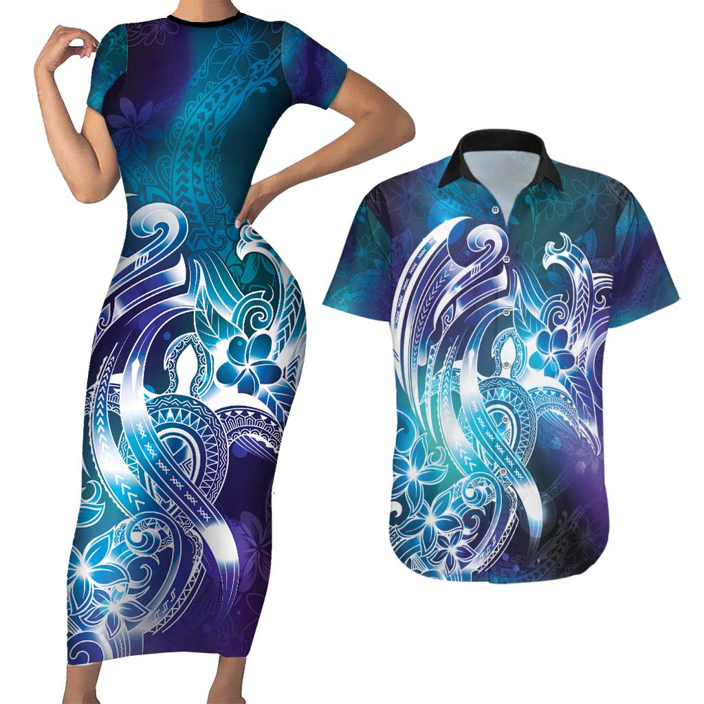 Aloha Hawaii Turtle Couples Matching Short Sleeve Bodycon Dress and Hawaiian Shirt Teal Purple Ribbon - Polynesian Pride