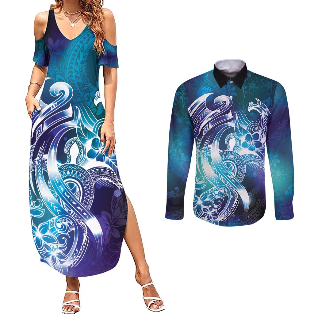 Aloha Hawaii Turtle Couples Matching Summer Maxi Dress and Long Sleeve Button Shirt Teal Purple Ribbon - Polynesian Pride