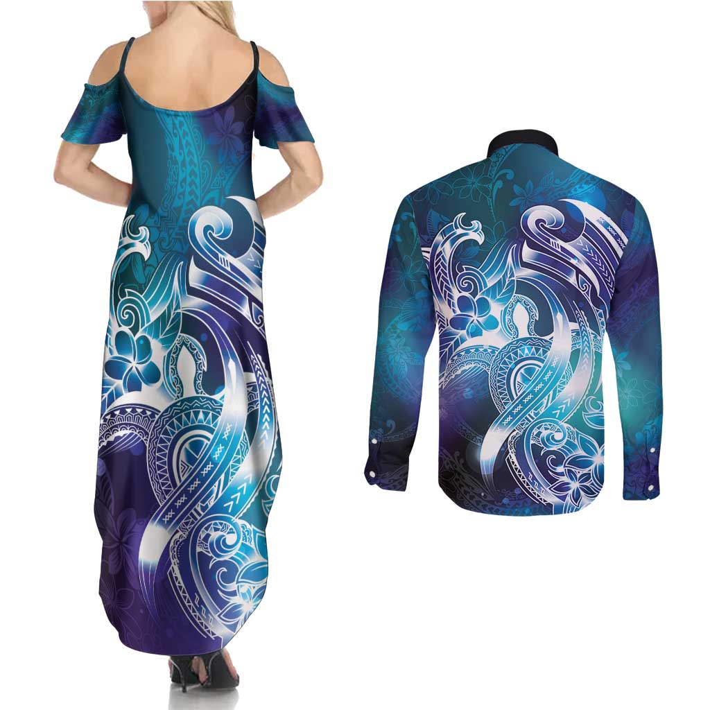 Aloha Hawaii Turtle Couples Matching Summer Maxi Dress and Long Sleeve Button Shirt Teal Purple Ribbon - Polynesian Pride