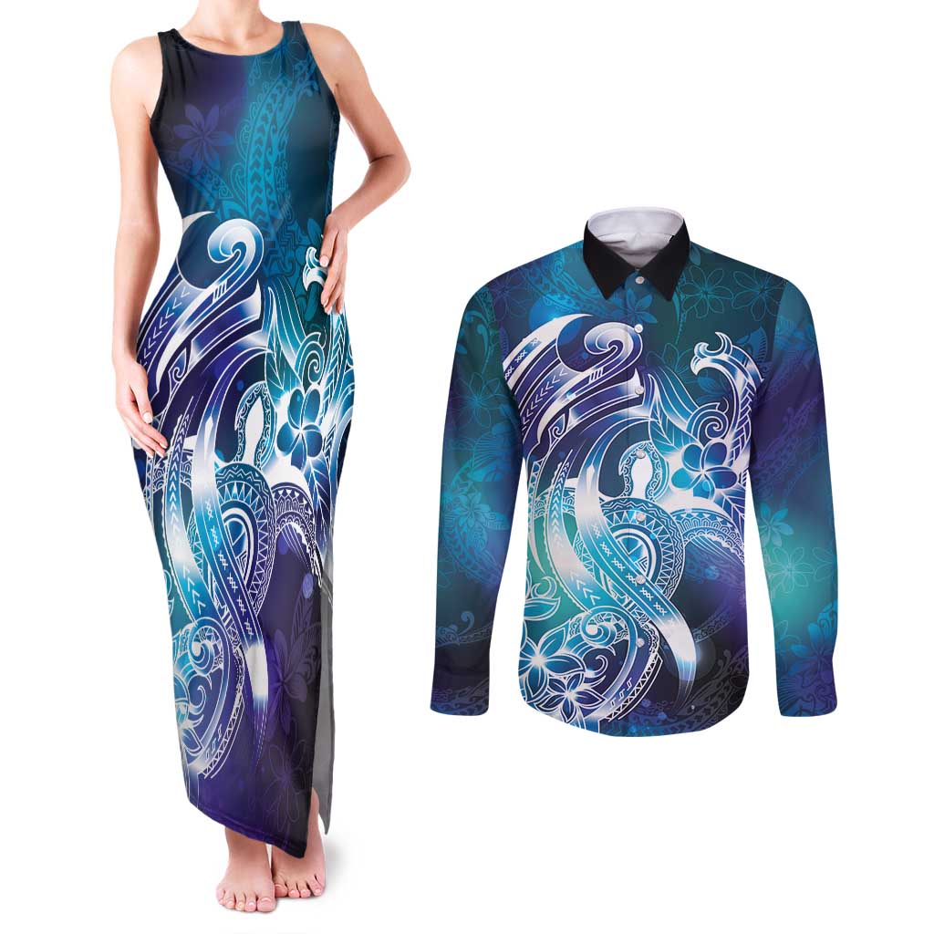 Aloha Hawaii Turtle Couples Matching Tank Maxi Dress and Long Sleeve Button Shirt Teal Purple Ribbon - Polynesian Pride