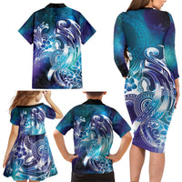 Aloha Hawaii Turtle Family Matching Long Sleeve Bodycon Dress and Hawaiian Shirt Teal Purple Ribbon - Polynesian Pride
