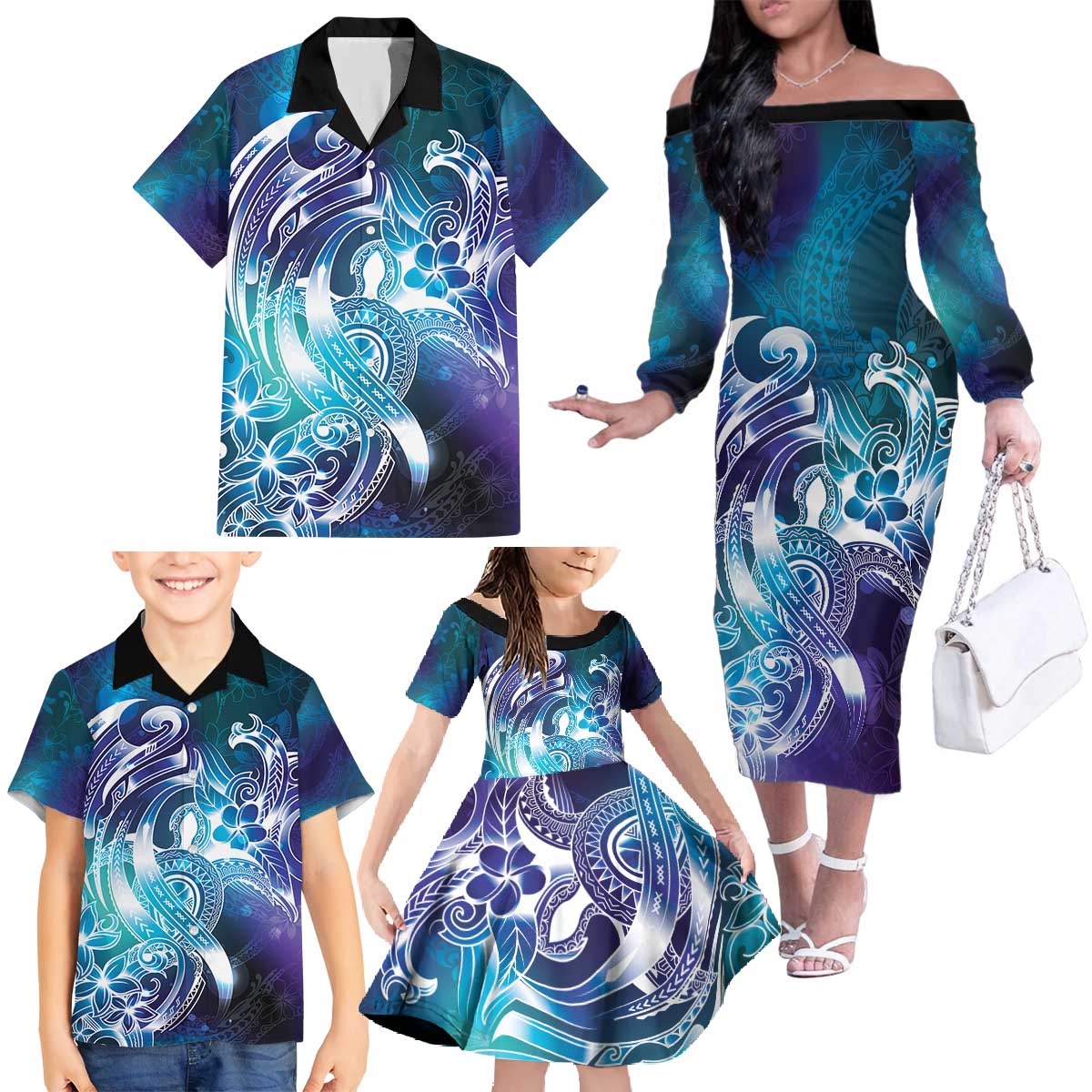 Aloha Hawaii Turtle Family Matching Off The Shoulder Long Sleeve Dress and Hawaiian Shirt Teal Purple Ribbon - Polynesian Pride