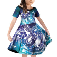 Aloha Hawaii Turtle Family Matching Off Shoulder Short Dress and Hawaiian Shirt Teal Purple Ribbon - Polynesian Pride