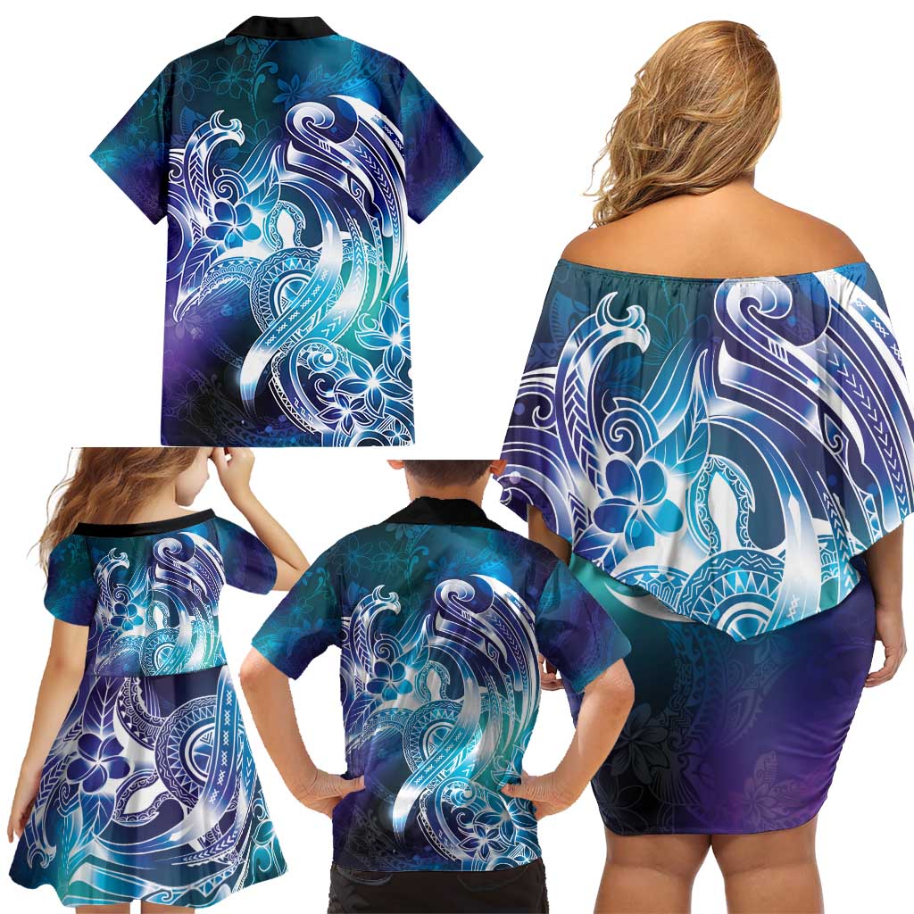 Aloha Hawaii Turtle Family Matching Off Shoulder Short Dress and Hawaiian Shirt Teal Purple Ribbon - Polynesian Pride