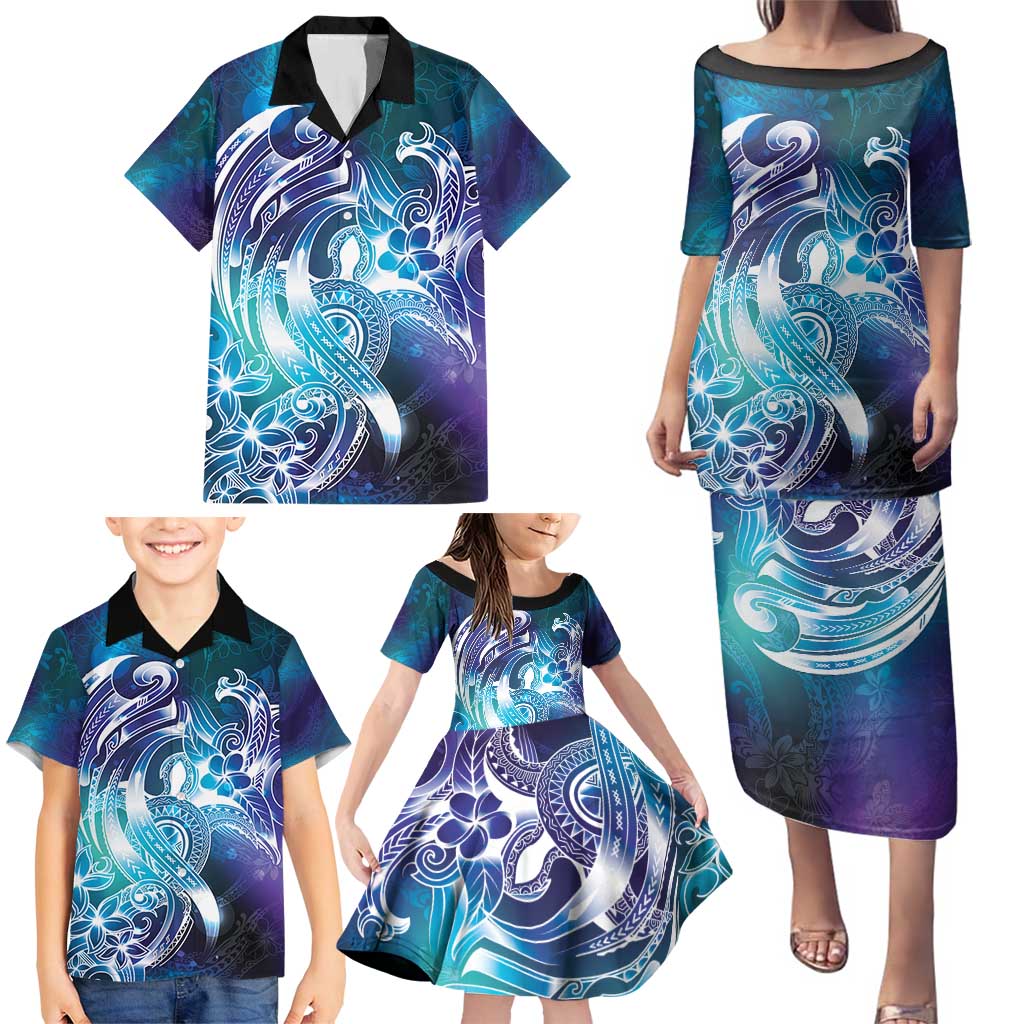 Aloha Hawaii Turtle Family Matching Puletasi and Hawaiian Shirt Teal Purple Ribbon - Polynesian Pride