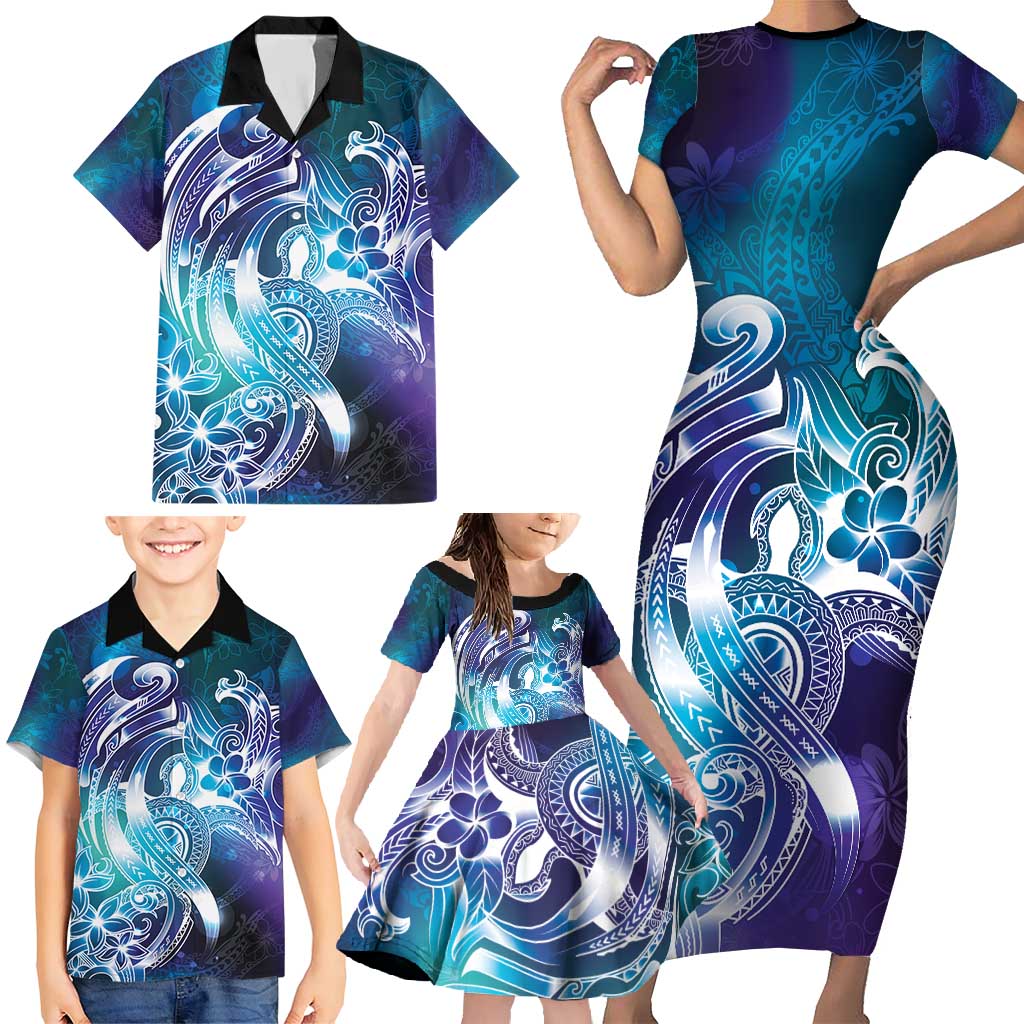 Aloha Hawaii Turtle Family Matching Short Sleeve Bodycon Dress and Hawaiian Shirt Teal Purple Ribbon - Polynesian Pride