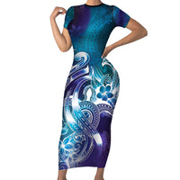 Aloha Hawaii Turtle Family Matching Short Sleeve Bodycon Dress and Hawaiian Shirt Teal Purple Ribbon - Polynesian Pride