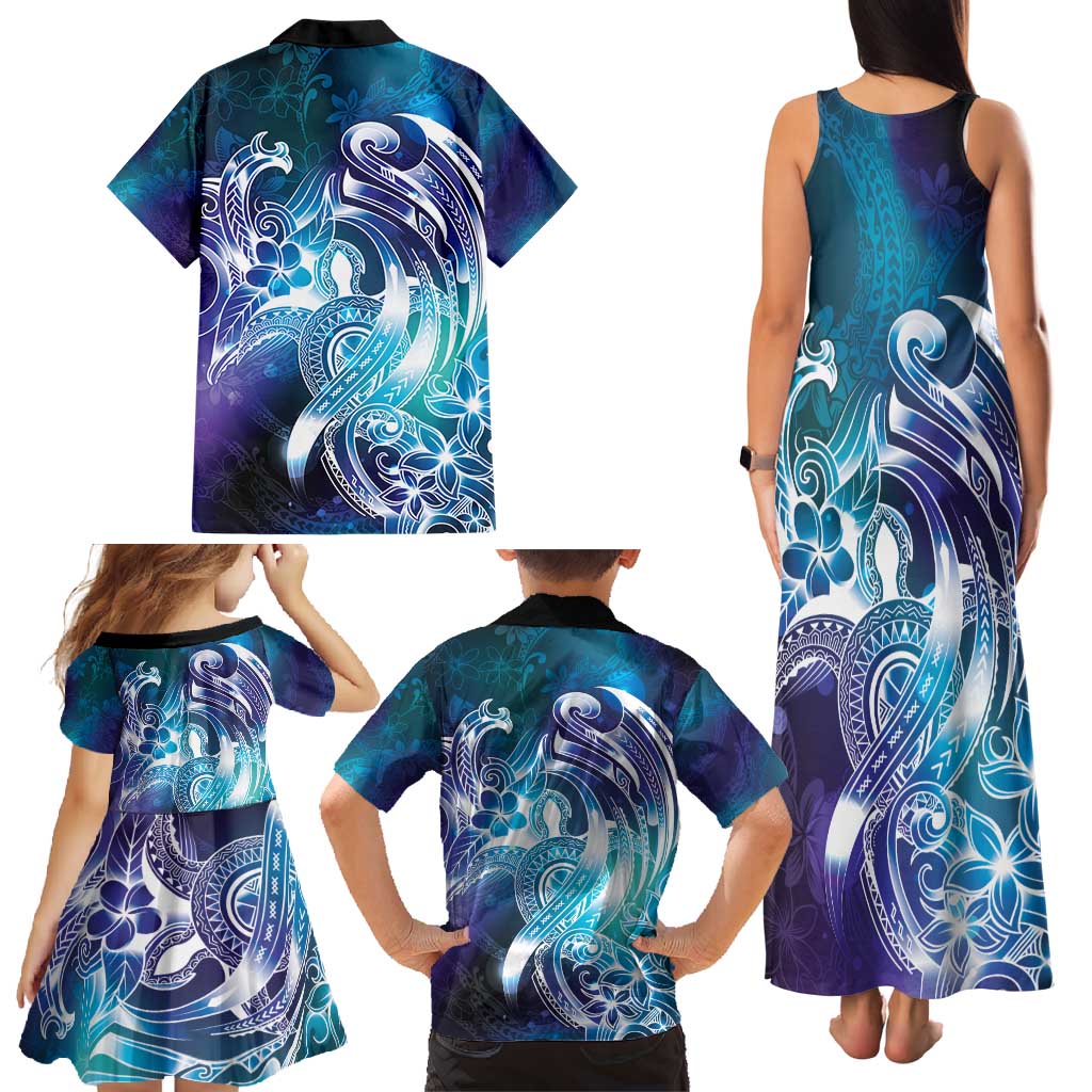 Aloha Hawaii Turtle Family Matching Tank Maxi Dress and Hawaiian Shirt Teal Purple Ribbon - Polynesian Pride