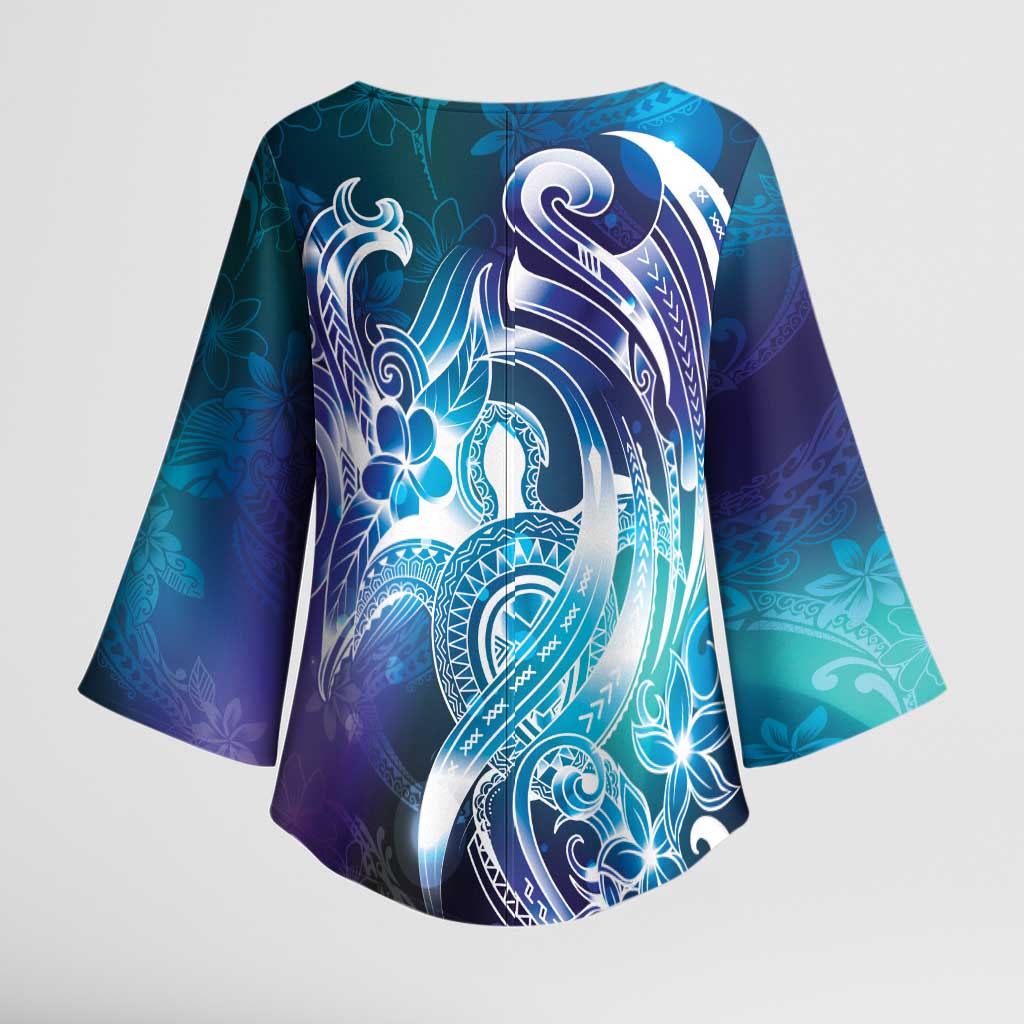 Aloha Hawaii Turtle Kimono Sleeve Blouse Teal Purple Ribbon - Polynesian Pride