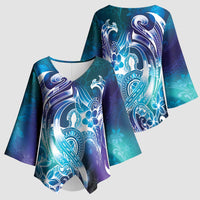 Aloha Hawaii Turtle Kimono Sleeve Blouse Teal Purple Ribbon - Polynesian Pride