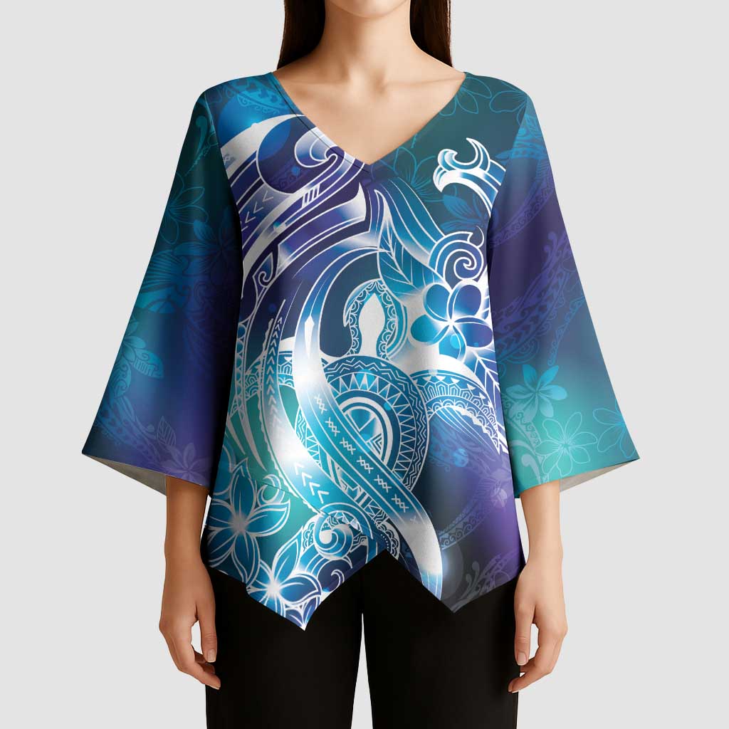 Aloha Hawaii Turtle Kimono Sleeve Blouse Teal Purple Ribbon - Polynesian Pride