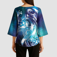 Aloha Hawaii Turtle Kimono Sleeve Blouse Teal Purple Ribbon - Polynesian Pride