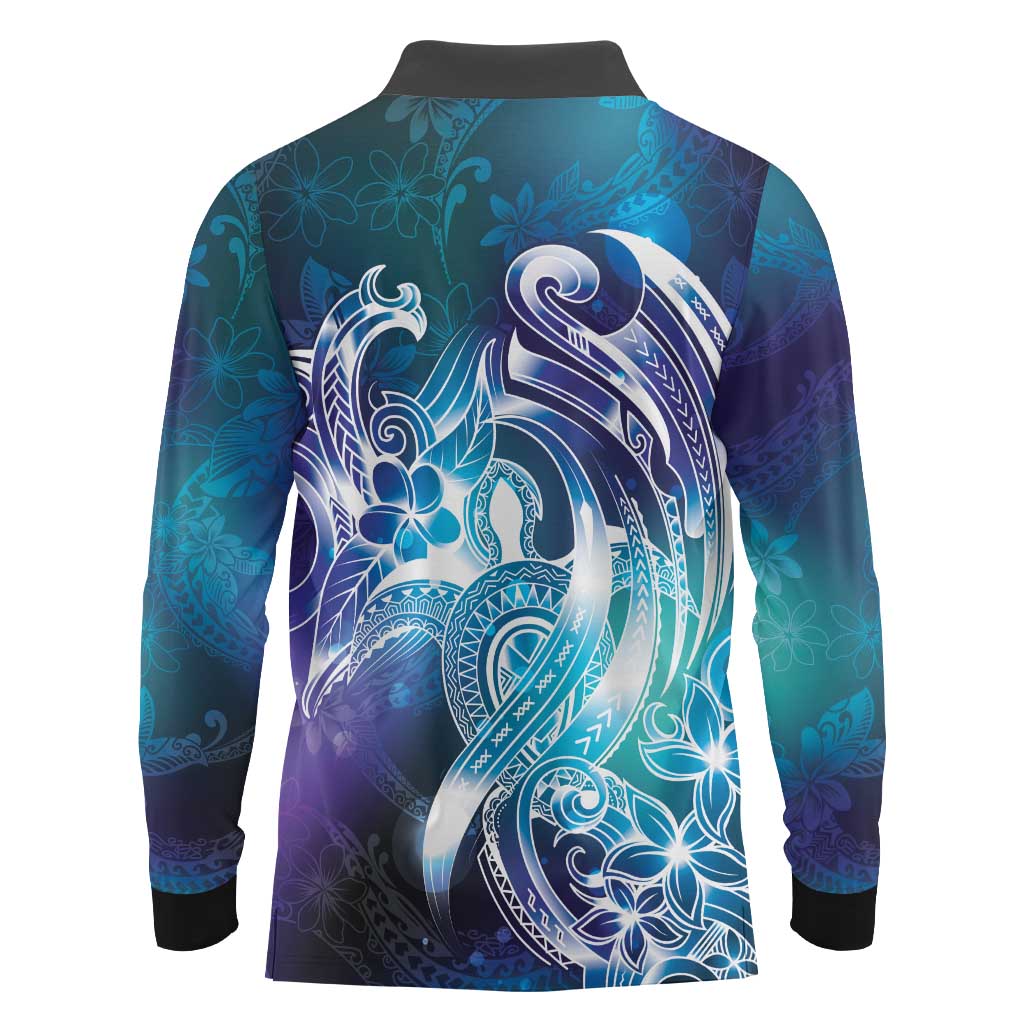 Aloha Hawaii Turtle Long Sleeve Polo Shirt Teal Purple Ribbon - Polynesian Pride