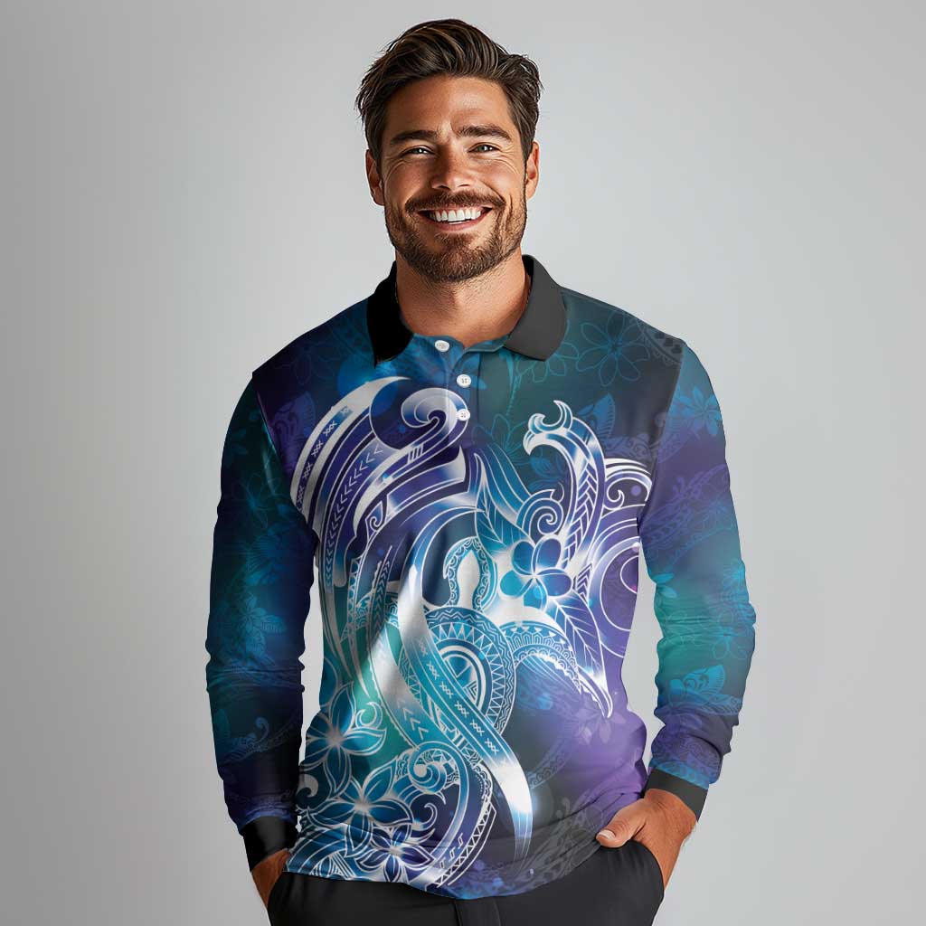 Aloha Hawaii Turtle Long Sleeve Polo Shirt Teal Purple Ribbon - Polynesian Pride