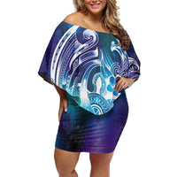 Aloha Hawaii Turtle Off Shoulder Short Dress Teal Purple Ribbon - Polynesian Pride