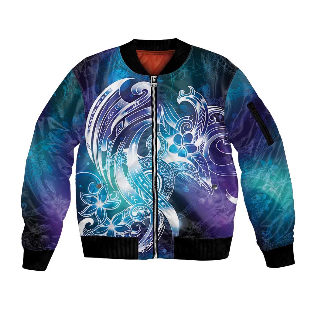 Aloha Hawaii Turtle Sleeve Zip Bomber Jacket Teal Purple Ribbon LT7 Unisex Purple Teal - Polynesian Pride