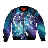 Aloha Hawaii Turtle Sleeve Zip Bomber Jacket Teal Purple Ribbon - Polynesian Pride