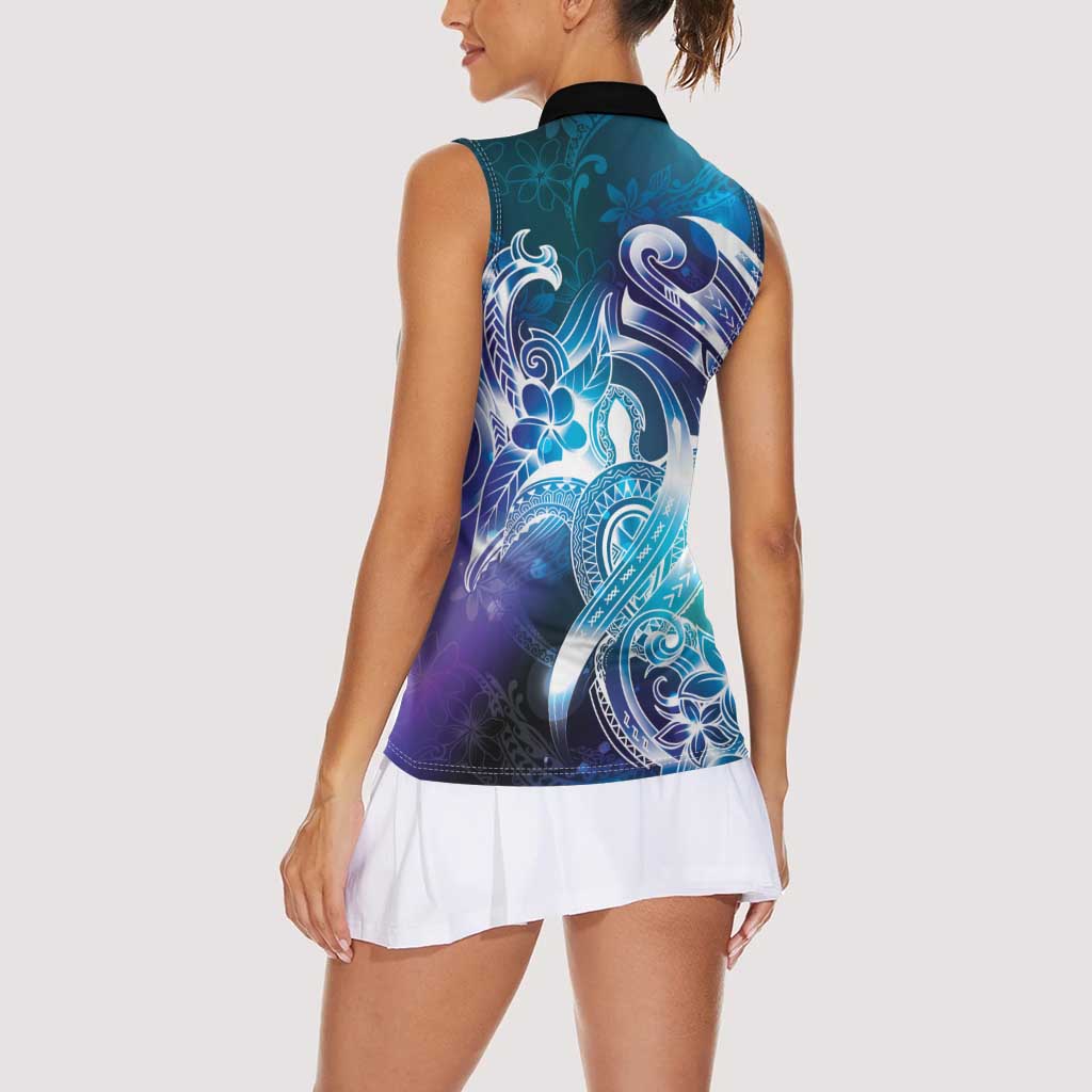 Aloha Hawaii Turtle Women Sleeveless Polo Shirt Teal Purple Ribbon - Polynesian Pride