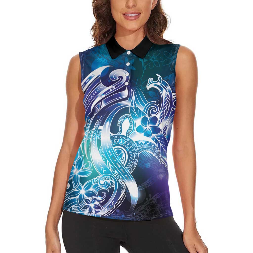 Aloha Hawaii Turtle Women Sleeveless Polo Shirt Teal Purple Ribbon - Polynesian Pride