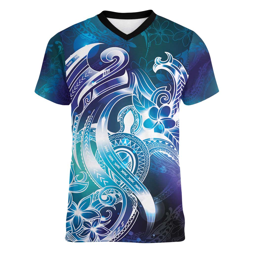 Aloha Hawaii Turtle Women V-Neck T-Shirt Teal Purple Ribbon LT7 Female Purple Teal - Polynesian Pride