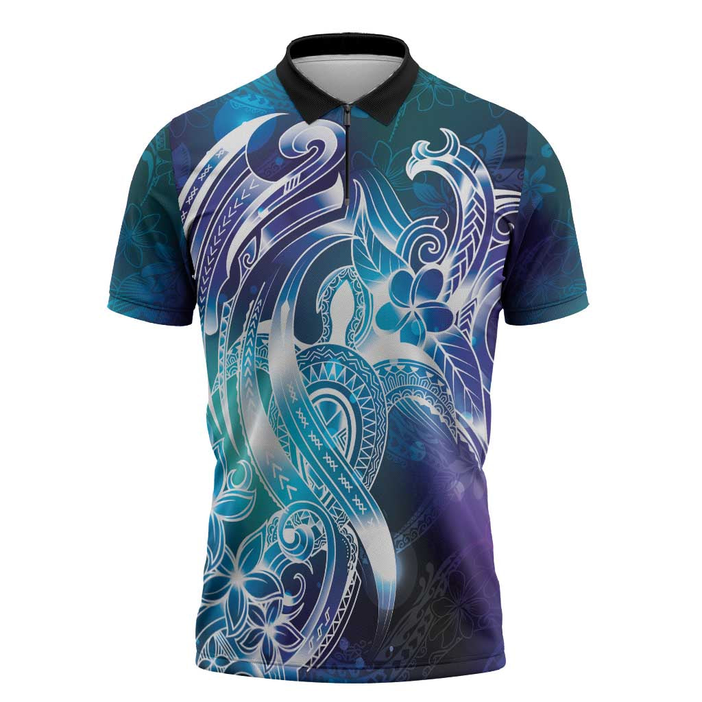 Aloha Hawaii Turtle Zipper Polo Shirt Teal Purple Ribbon - Polynesian Pride
