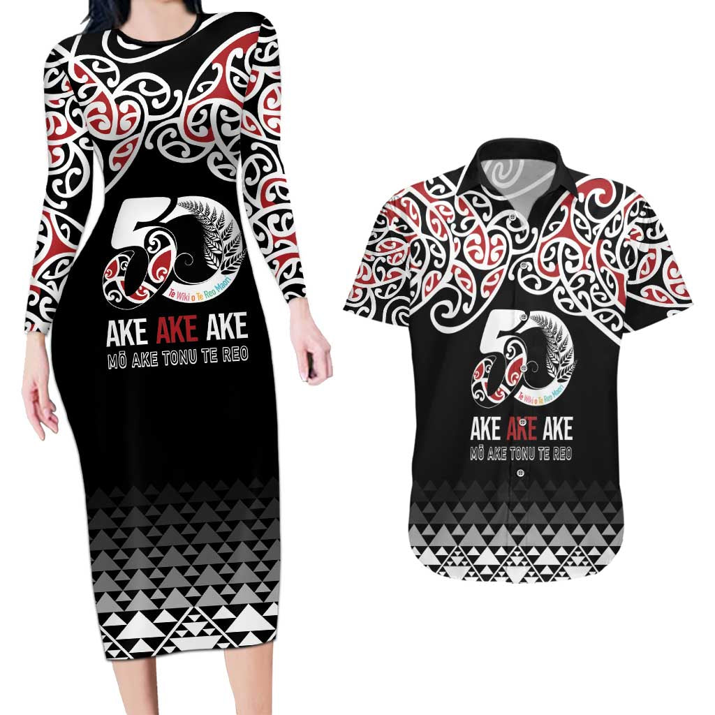 Kia Kaha Te Reo Maori Couples Matching Long Sleeve Bodycon Dress and Hawaiian Shirt 50 Years Mo Ake Tonu Te Reo - Polynesian Pride