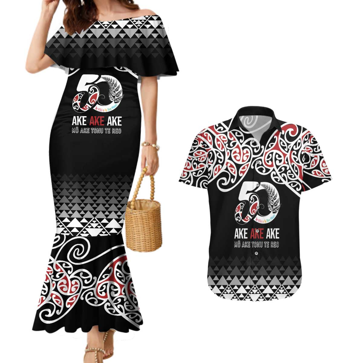 Kia Kaha Te Reo Maori Couples Matching Mermaid Dress and Hawaiian Shirt 50 Years Mo Ake Tonu Te Reo - Polynesian Pride
