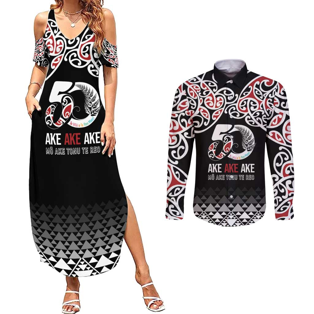 Kia Kaha Te Reo Maori Couples Matching Summer Maxi Dress and Long Sleeve Button Shirt 50 Years Mo Ake Tonu Te Reo - Polynesian Pride
