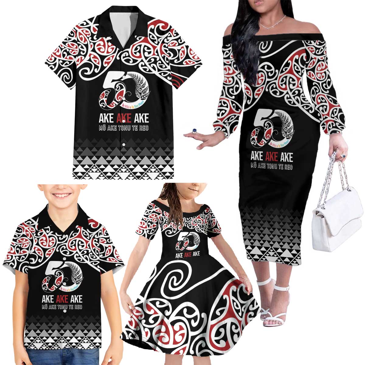 Kia Kaha Te Reo Maori Family Matching Off The Shoulder Long Sleeve Dress and Hawaiian Shirt 50 Years Mo Ake Tonu Te Reo - Polynesian Pride