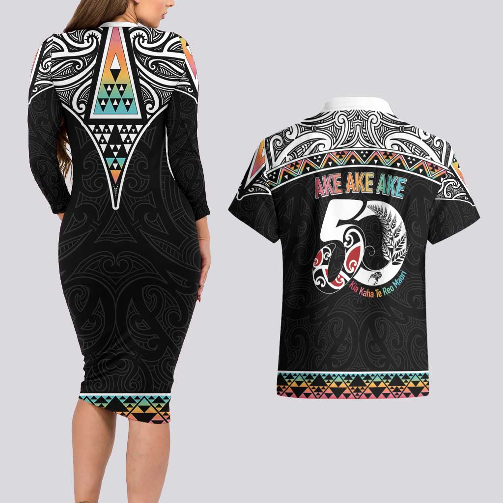 50 Years Kia Kaha Te Reo Maori Couples Matching Long Sleeve Bodycon Dress and Hawaiian Shirt Ake Ake Ake! - Polynesian Pride