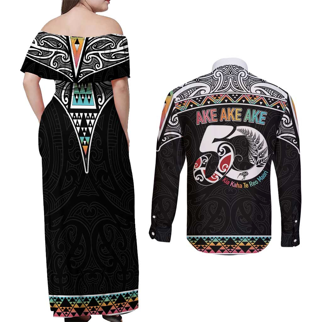 50 Years Kia Kaha Te Reo Maori Couples Matching Off Shoulder Maxi Dress and Long Sleeve Button Shirt Ake Ake Ake! - Polynesian Pride