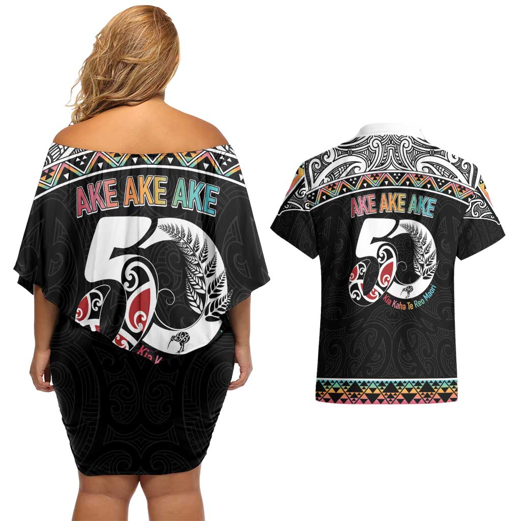 50 Years Kia Kaha Te Reo Maori Couples Matching Off Shoulder Short Dress and Hawaiian Shirt Ake Ake Ake! - Polynesian Pride
