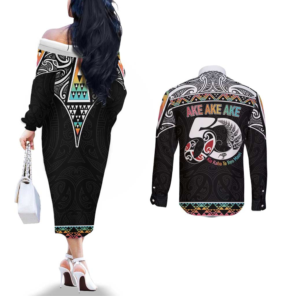 50 Years Kia Kaha Te Reo Maori Couples Matching Off The Shoulder Long Sleeve Dress and Long Sleeve Button Shirt Ake Ake Ake! - Polynesian Pride
