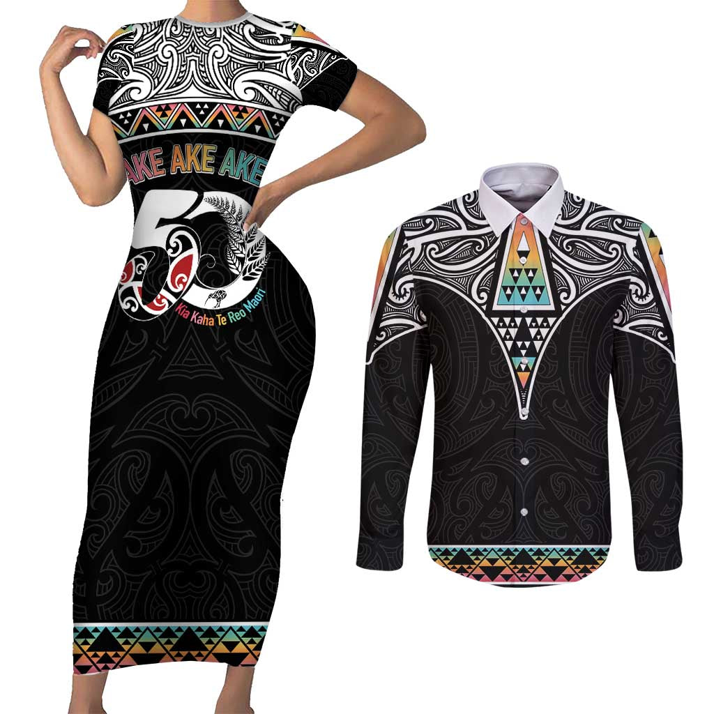 50 Years Kia Kaha Te Reo Maori Couples Matching Short Sleeve Bodycon Dress and Long Sleeve Button Shirt Ake Ake Ake! - Polynesian Pride