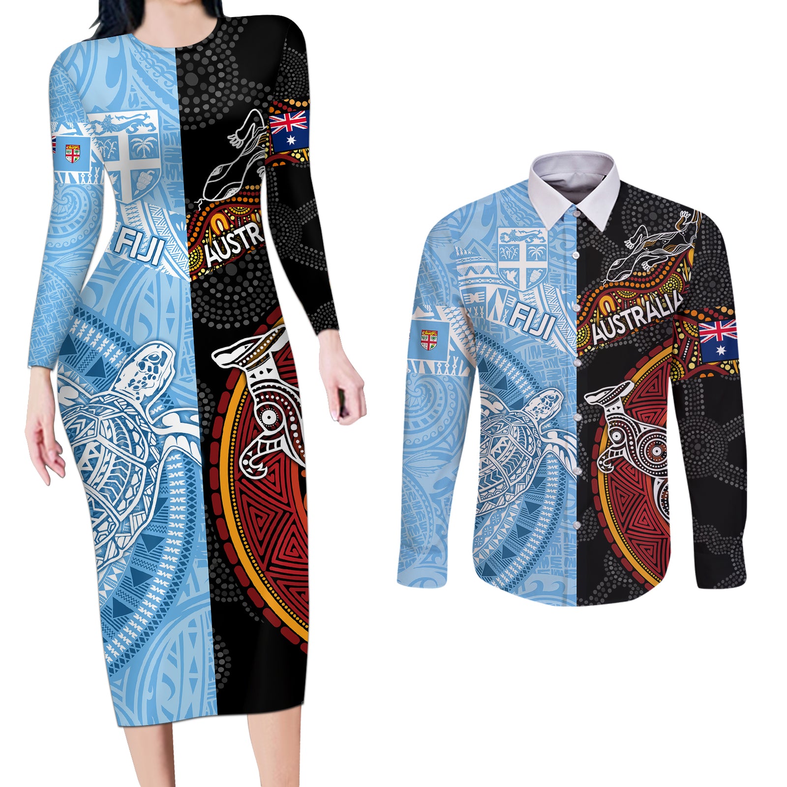 Personalised Fiji and Australia Couples Matching Long Sleeve Bodycon Dress and Long Sleeve Button Shirts Masi Patterns Mix Aboriginal Art LT7 Colorful - Polynesian Pride