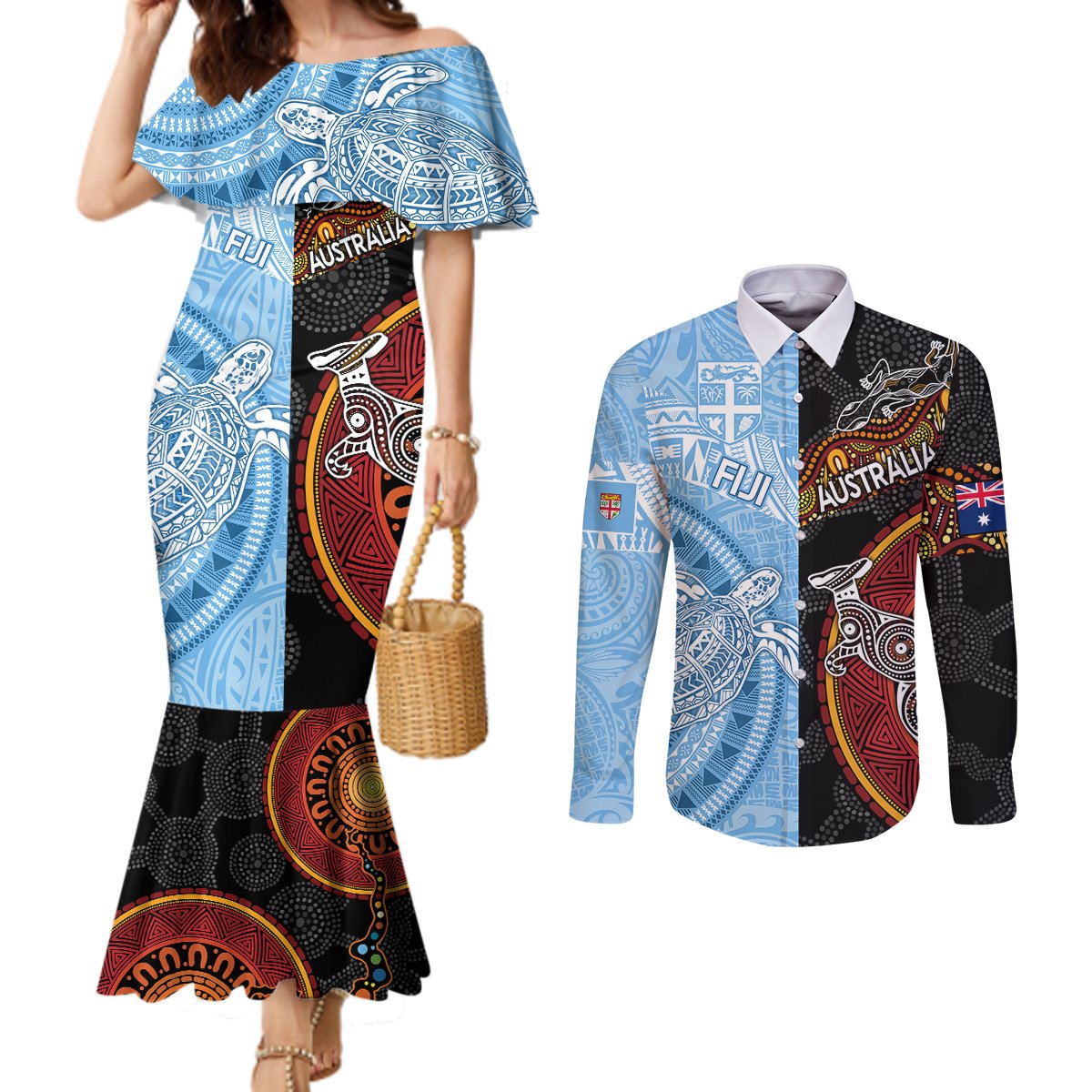 Personalised Fiji and Australia Couples Matching Mermaid Dress and Long Sleeve Button Shirts Masi Patterns Mix Aboriginal Art LT7 Colorful - Polynesian Pride