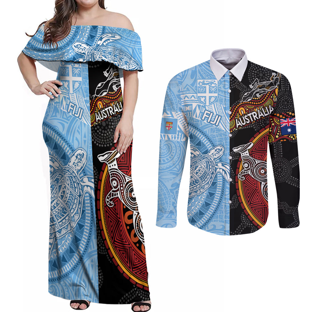 Personalised Fiji and Australia Couples Matching Off Shoulder Maxi Dress and Long Sleeve Button Shirts Masi Patterns Mix Aboriginal Art LT7 Colorful - Polynesian Pride