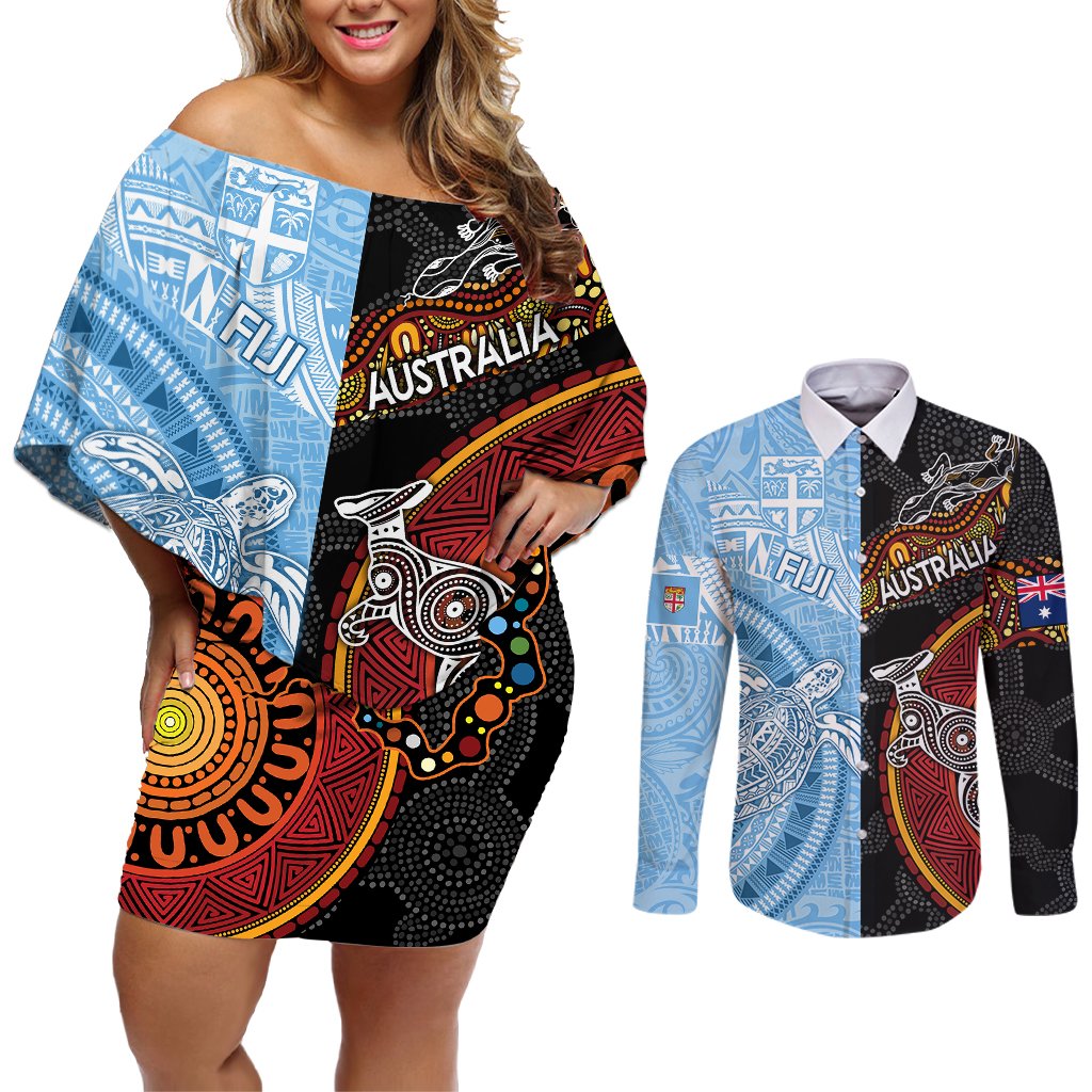Personalised Fiji and Australia Couples Matching Off Shoulder Short Dress and Long Sleeve Button Shirts Masi Patterns Mix Aboriginal Art LT7 Colorful - Polynesian Pride