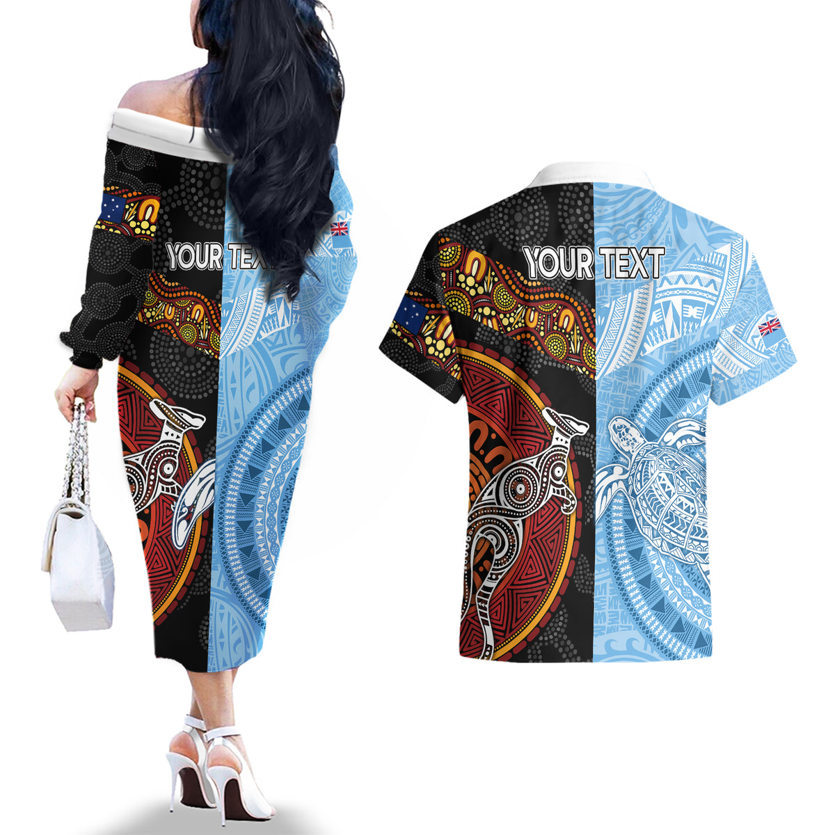 personalised-fiji-and-australia-couples-matching-off-the-shoulder-long-sleeve-dress-and-hawaiian-shirt-masi-patterns-mix-aboriginal-art