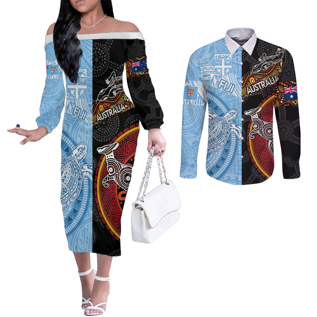 Personalised Fiji and Australia Couples Matching Off The Shoulder Long Sleeve Dress and Long Sleeve Button Shirts Masi Patterns Mix Aboriginal Art LT7 Colorful - Polynesian Pride
